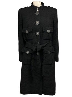 CHANEL BLACK 2017 BLACK BELTED MID LENGTH WOOL TWEED COAT WITH CC LOGO LUCITE BU